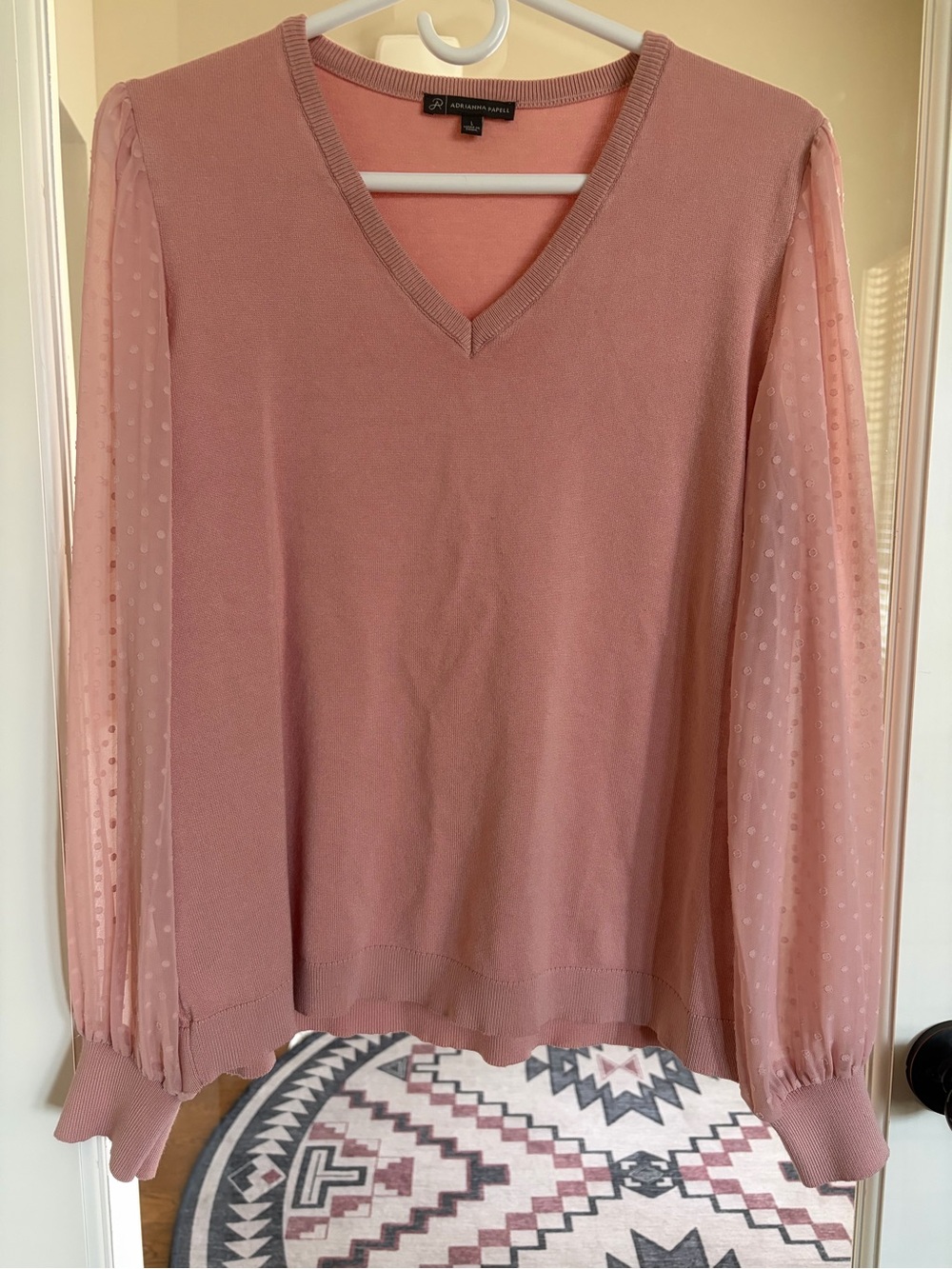 Adrianna Papell Dusty Rose V-Neck Sweater with Sheer Dot Sleeves